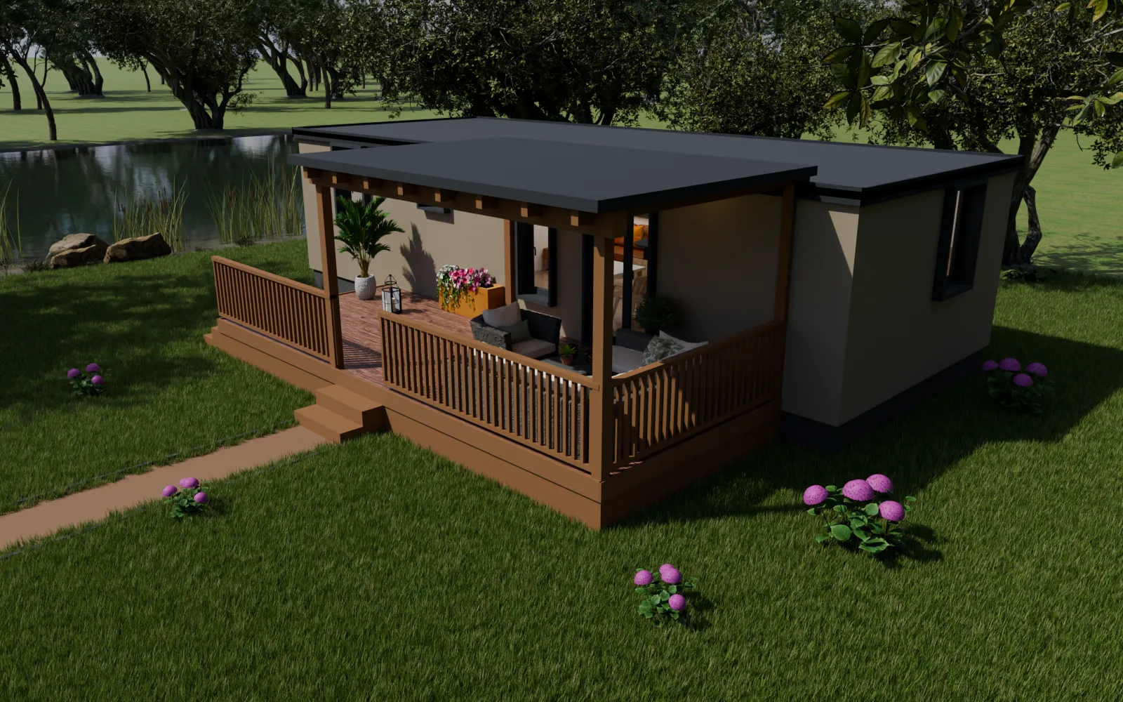 Das Mobilchalet mit überdachter Terrasse – Visualisierung