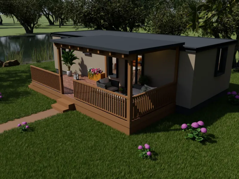 Chalet und überdachte Terrasse · 3D-Visualisierung